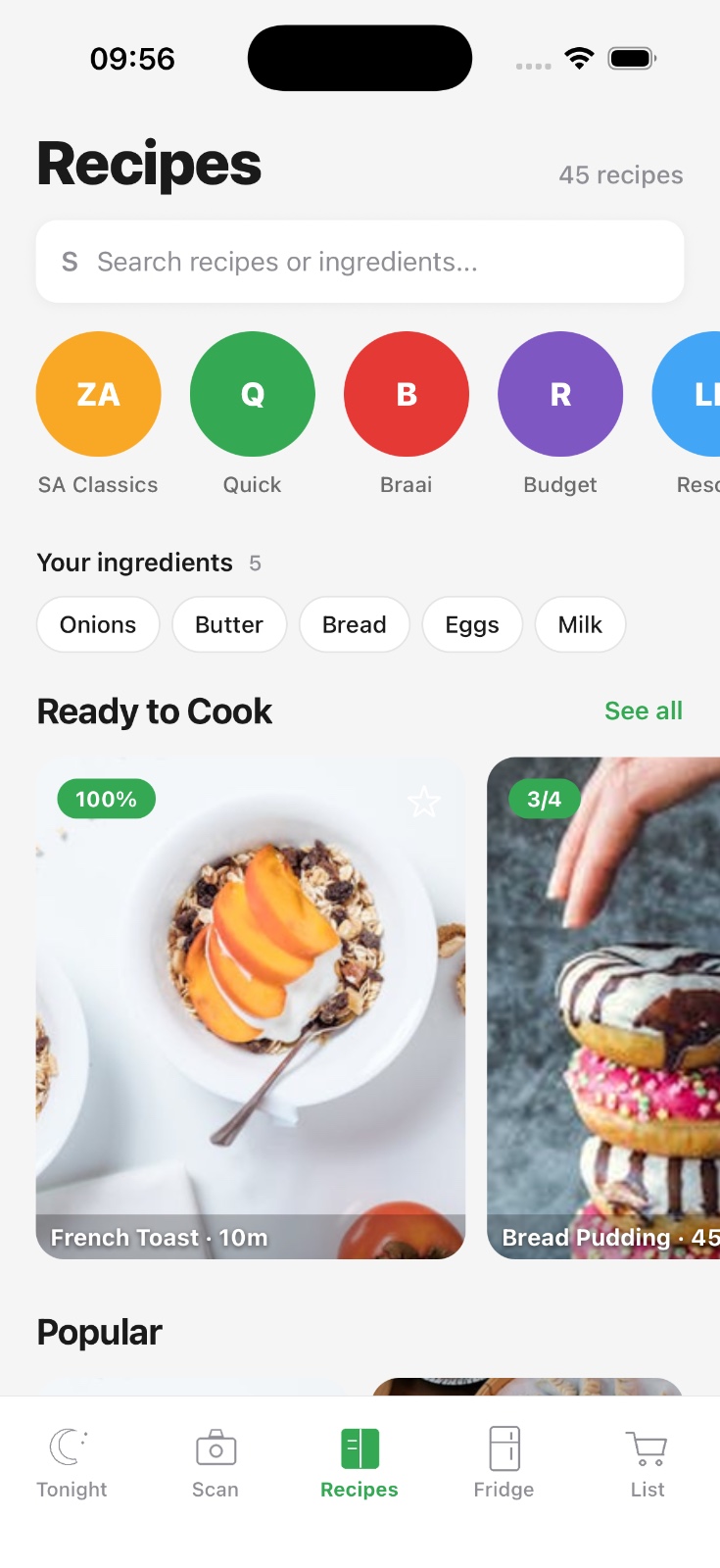 Eco Kitchen Recipes screen with categories and ready to cook cards